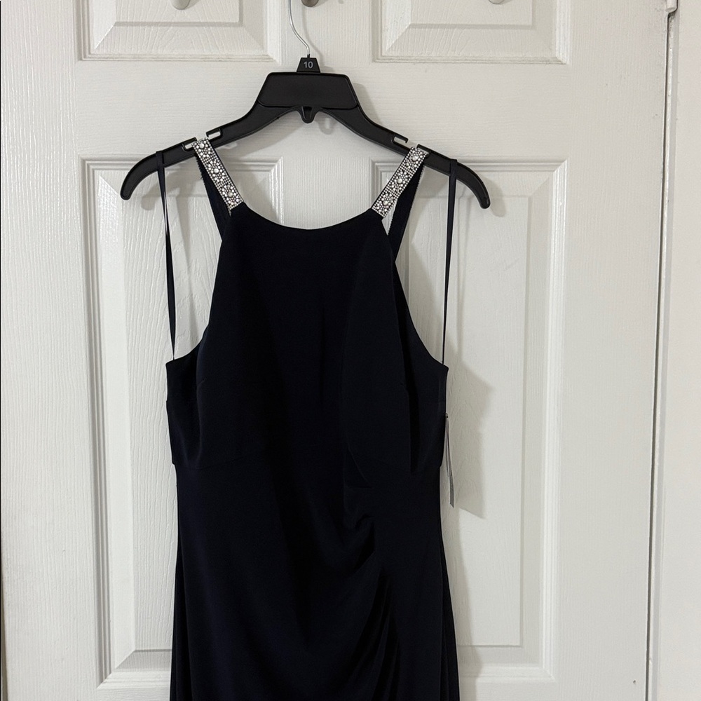 Betsy & Adam Navy Backless Dress with Embellished Straps